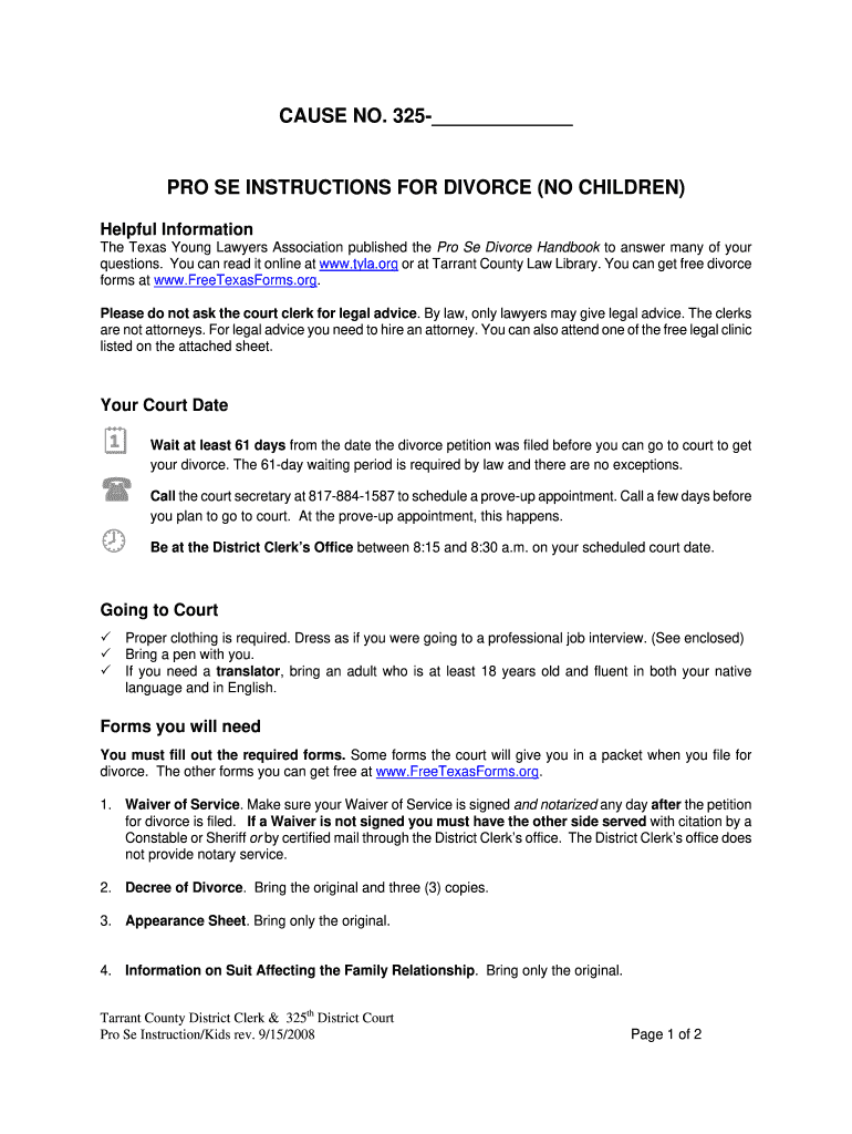  Tarrant County Divorce Forms 2008-2024