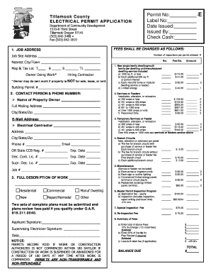 Electrical Permit Application Tillamook County Co Tillamook or  Form