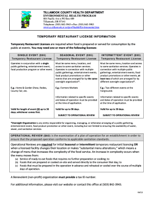 Temporary Resturant License for Tillamook County Form