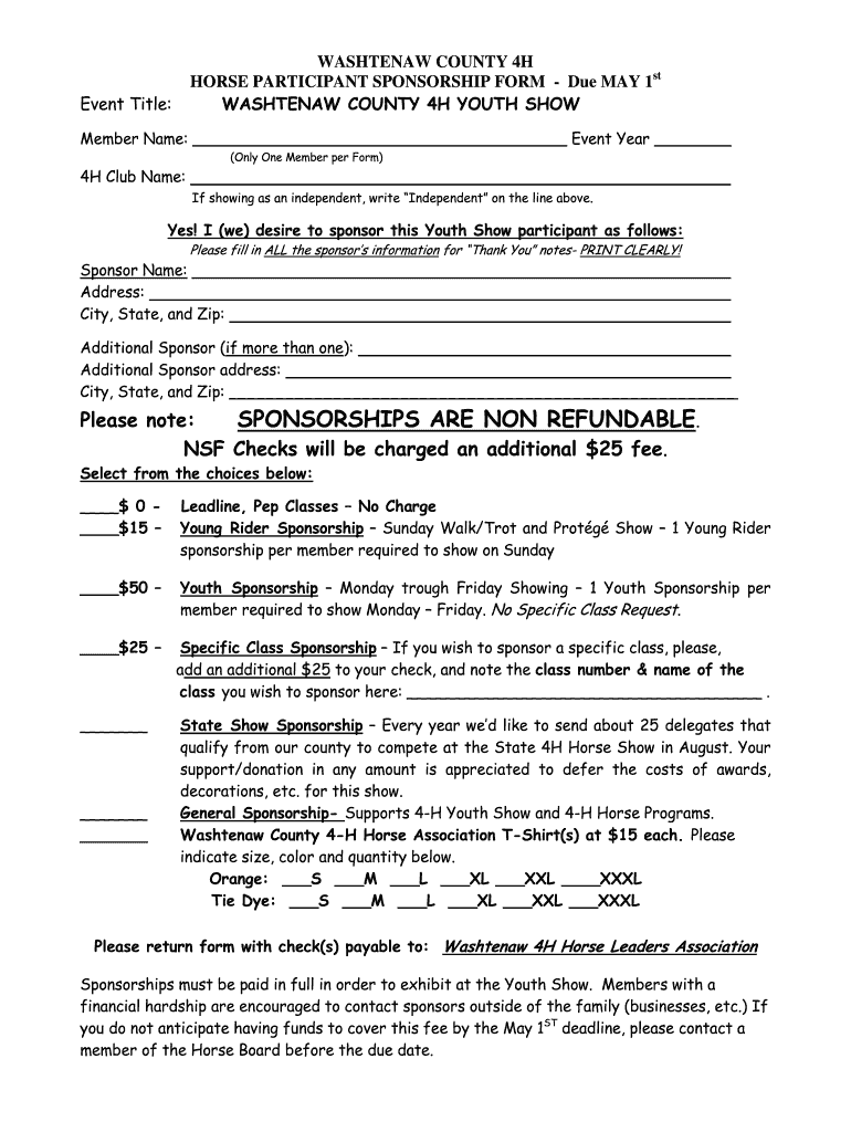 Horse Youth Show Sponsorship Form  Washtenaw County  Ewashtenaw