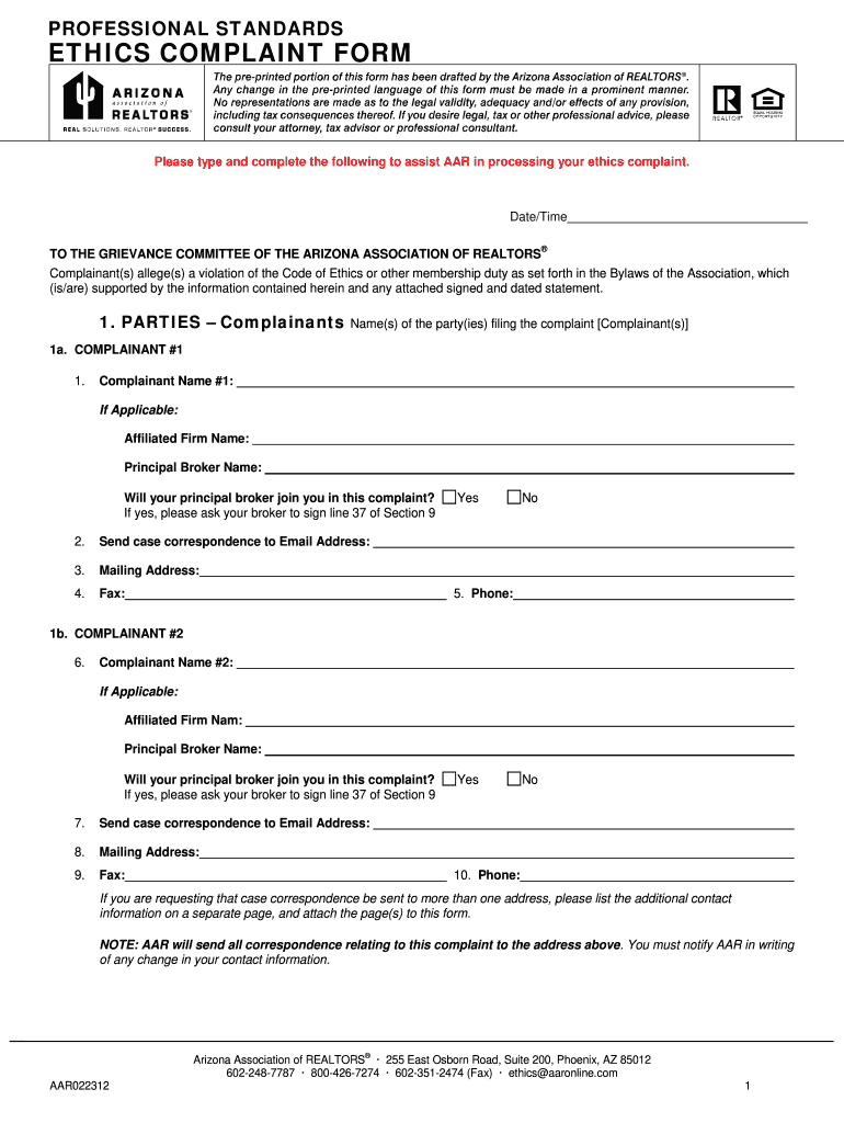  Ethics Complaint Form  Arizona Association of REALTORS 2012