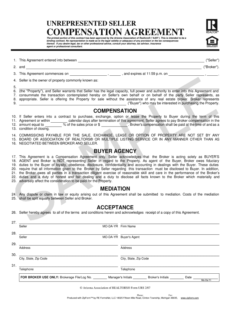 Unrepresented Seller Compensation Agreement 207  Arizona  Form