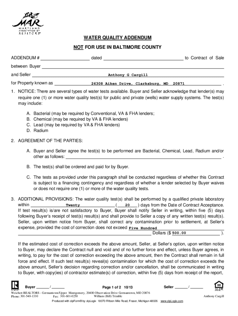 WATER QUALITY ADDENDUM ADDENDUM Maryland  Form