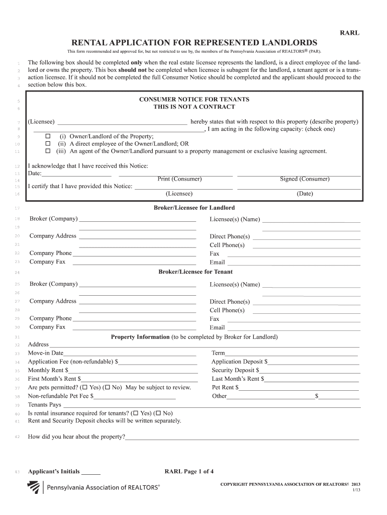 RentAL APPLICAtIOn for RePResented LAndLORds Parealtor  Form