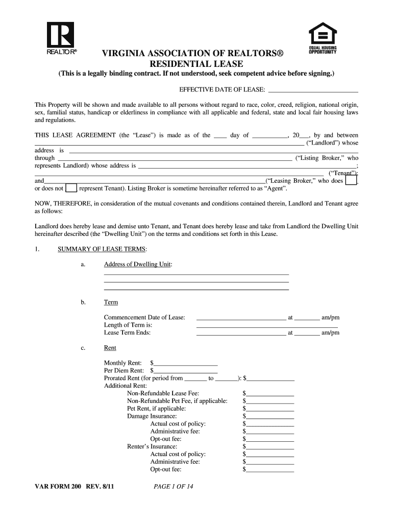  Virginia Association of Realtors Residential Lease 2011-2024