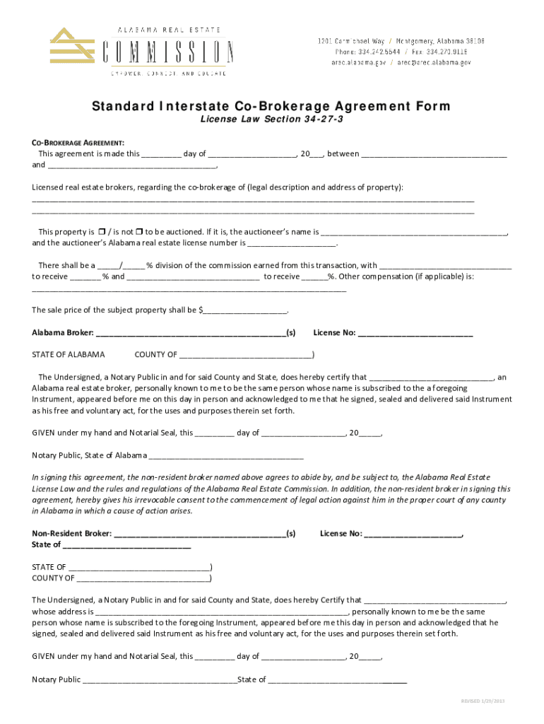 Standard Interstate Co Brokerage Agreement Form Alabama Real Arec Alabama