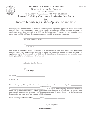 Limited Liability Company Authorization Form for Tobacco Permit Revenue Alabama