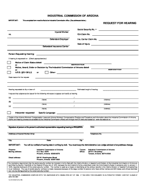Request for Hearing Industrial Commission of Arizona Ica State Az  Form