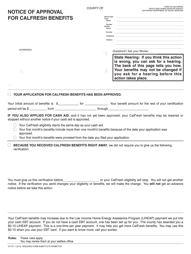  NOTICE of APPROVAL for CALFRESH BENEFITS California Cdss Ca 2013