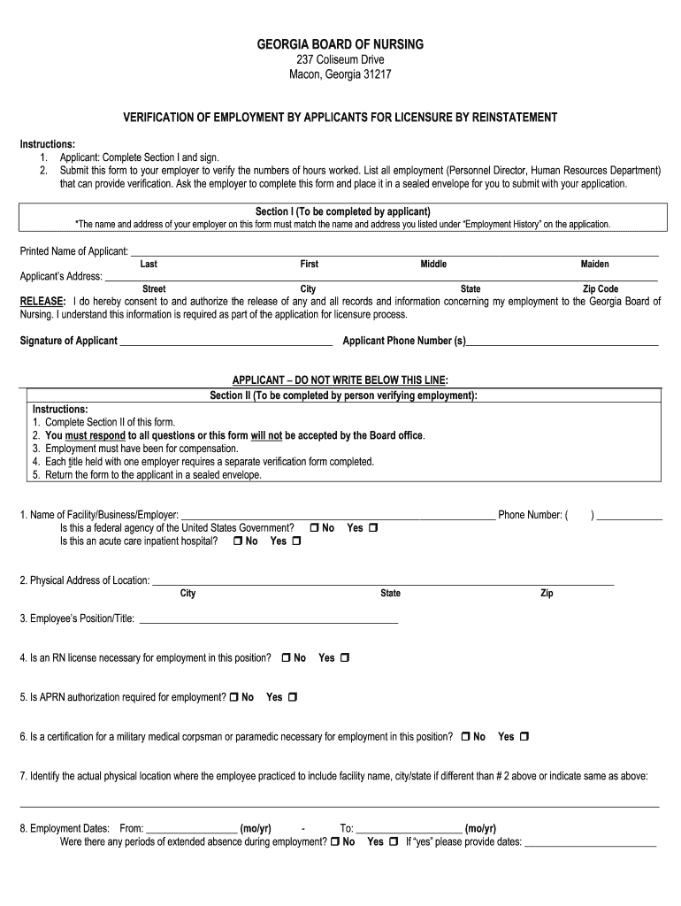 Georgia Verification of Employment Form