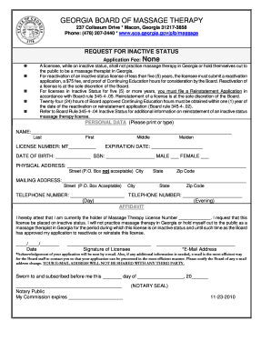 Massage Therapy Application for Inactive Status Georgia Secretary Sos Georgia  Form