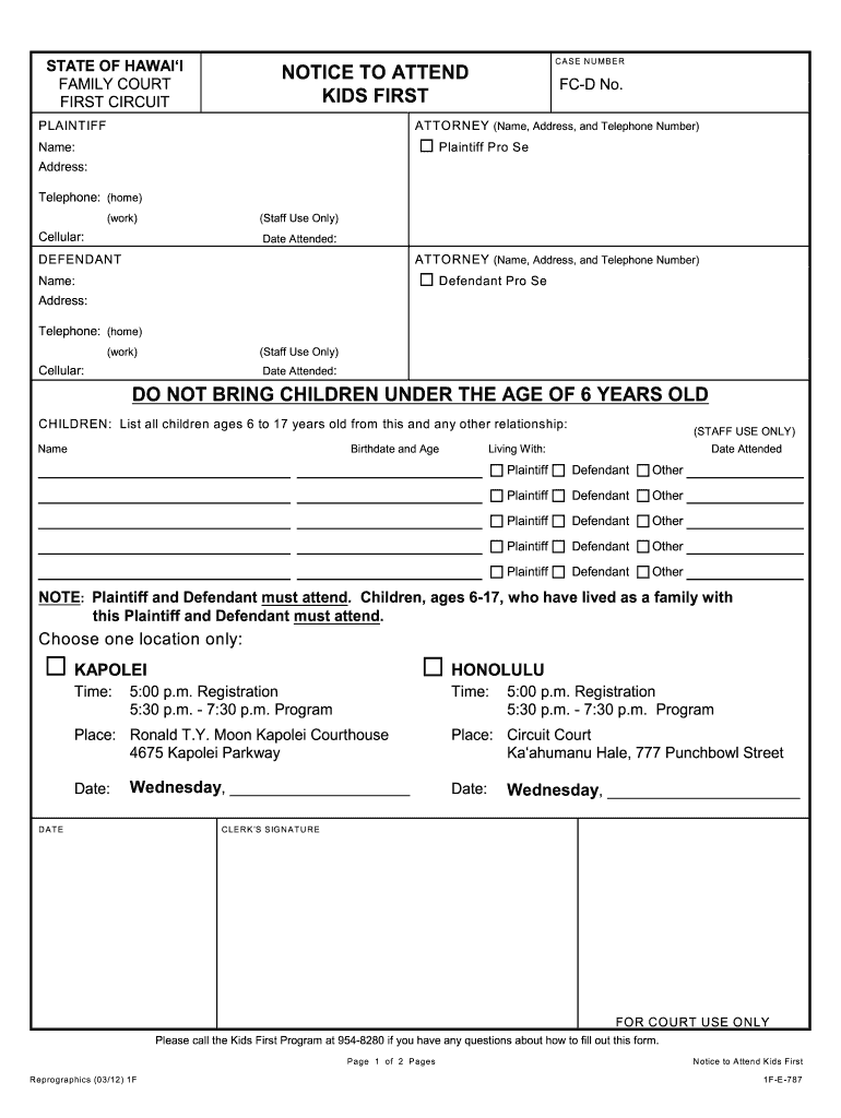  Hawaii Notice Attend Kids Form 2012