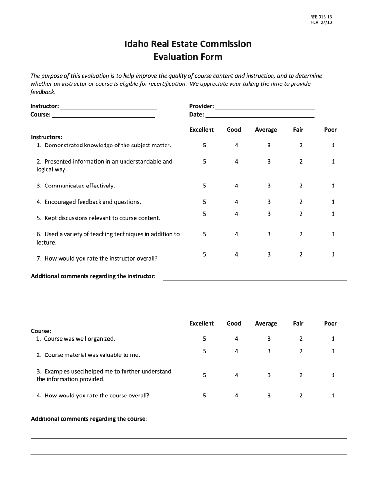 Instructor & Course Evaluation Form Idaho Real Estate Commission Irec Idaho