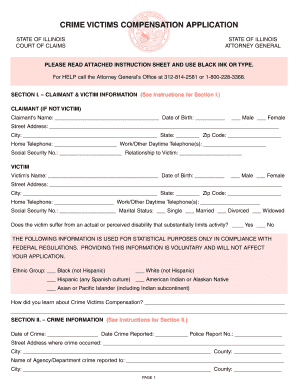 Crime Victim Compensation Application PDF Illinois Attorney Ag State Il  Form