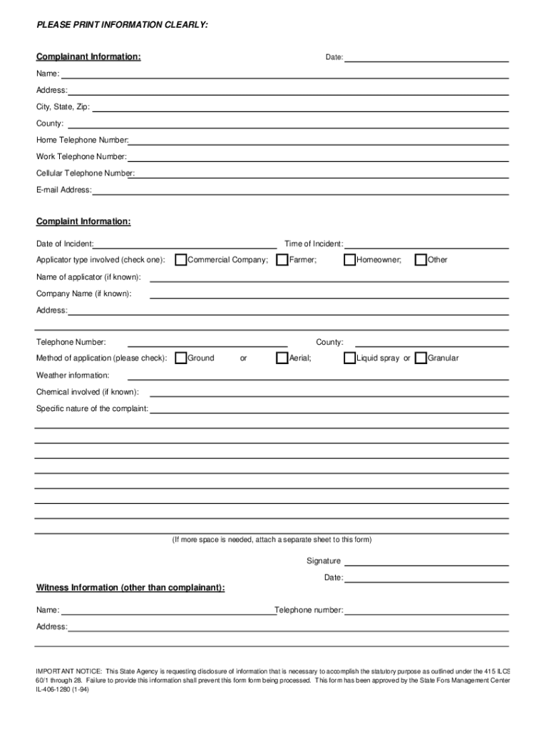 Pesticide Incident Complaint Form Illinois Department of Agriculture Agr State Il