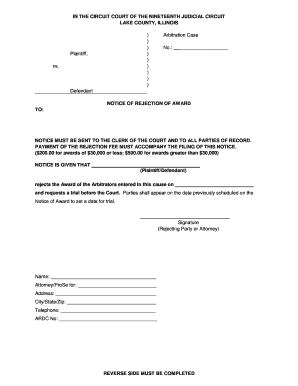 Notice of Rejection of Award Nineteenth Judicial Circuit  Form