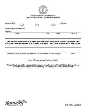 Ky Religious Exemption Form