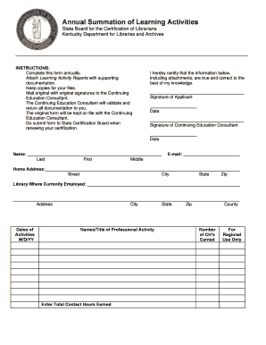 Annual Summation of Learning Activities Kentucky Department for Kdla Ky  Form