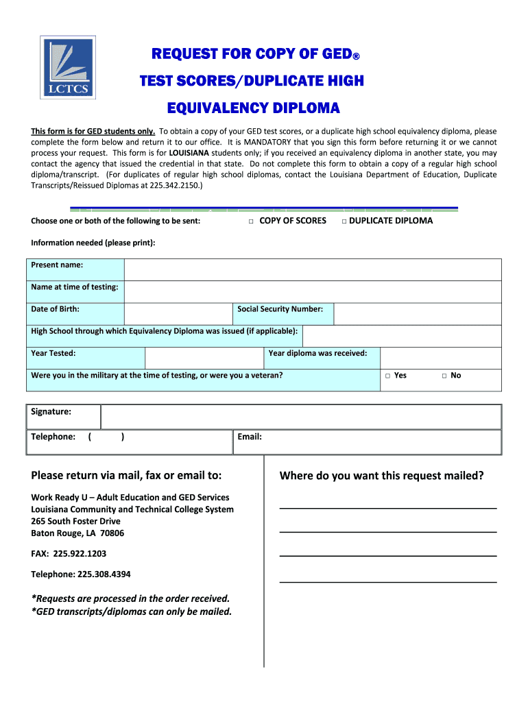 Request for Copy of GED Form Louisiana Community and Lctcs