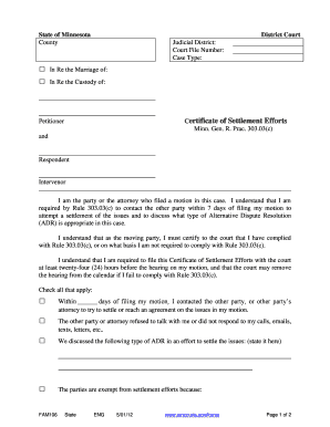 Certificate of Settlement Efforts Mn  Form