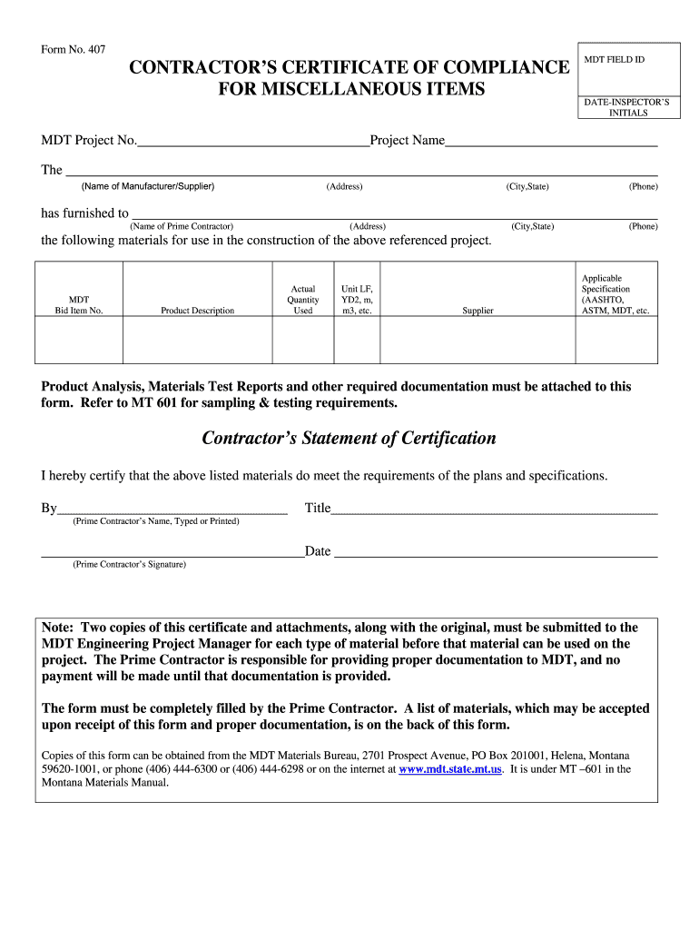 F407 PDF Contractor's Certificate of Complaince for Miscellaneous Items Form 407 Mdt Mt