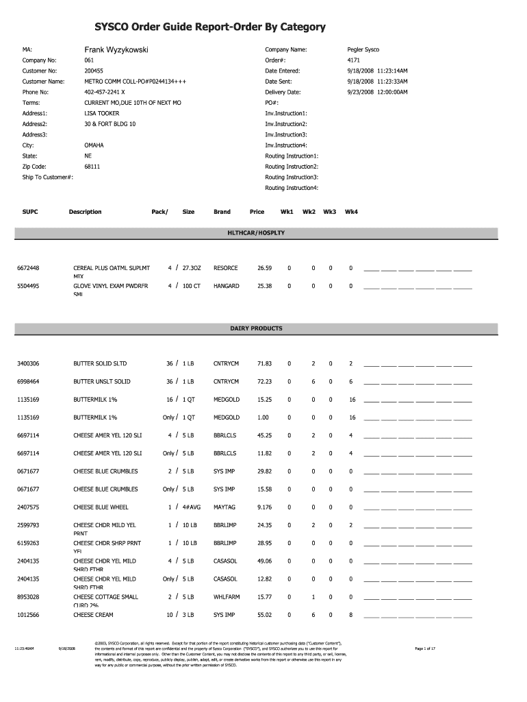 Sysco Foods Catalog  Form