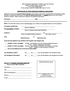 Certificate of Post Graduate Medical Education Form Nebraska Dhhs Ne