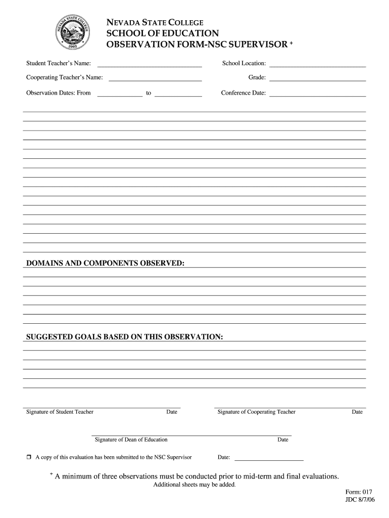  School of Education Observation Form Nsc Supervisor  Nevada State    Nsc Nevada 2006-2024