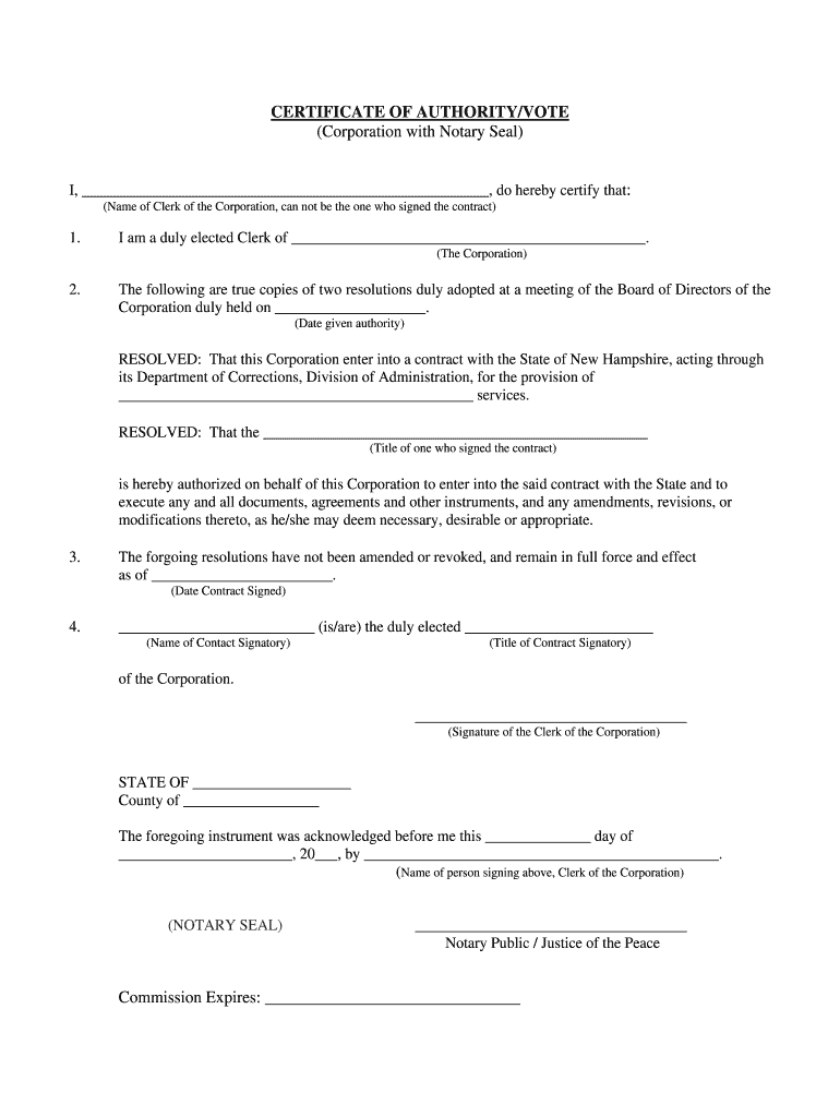 Corporation Certificate of Authority Vote with Notary Seal  NH Gov  Nh  Form