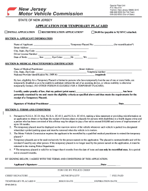 APPLICATION for TEMPORARY PLACARD State of New Jersey State Nj  Form