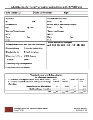 Adult Nursing Services Prior Authorization Request ANSPAR Form Health State Nm