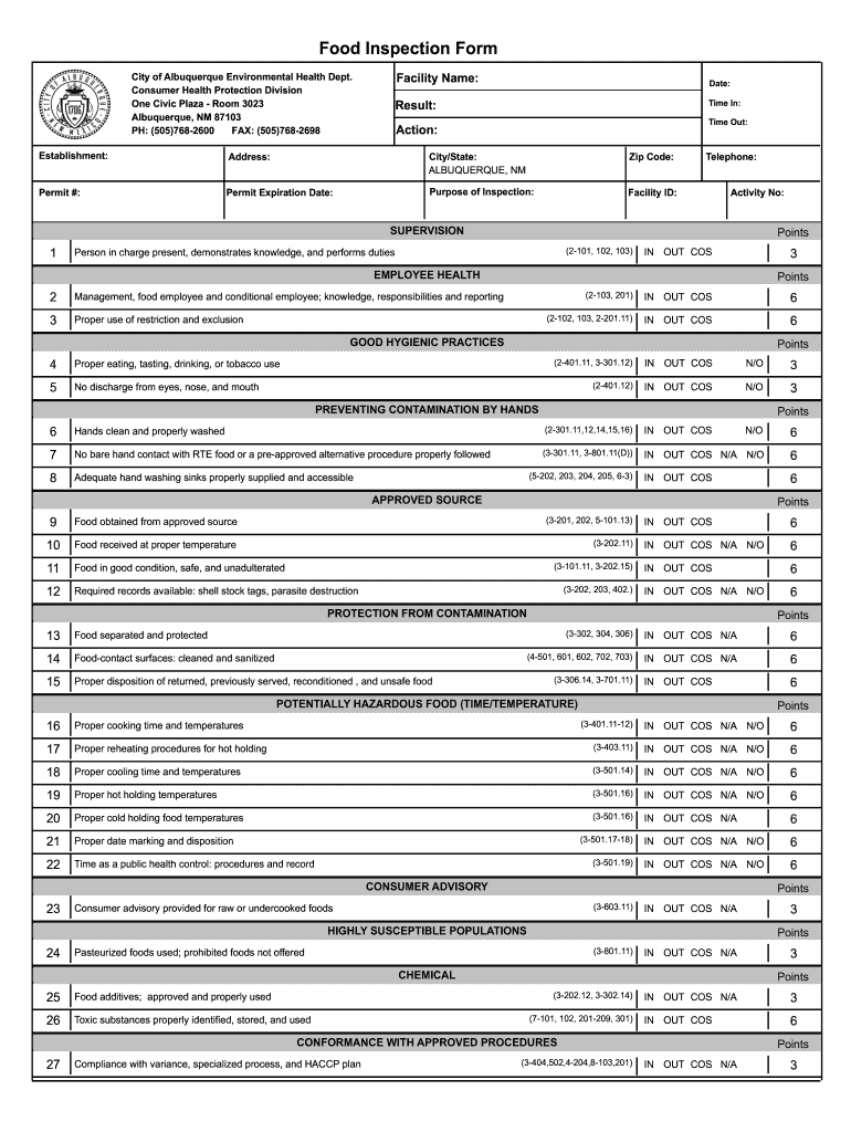 Food Inspection Form  City of Albuquerque  Cabq