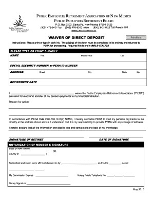 PERA Waiver for Direct Deposit New Mexico State Judiciary  Form