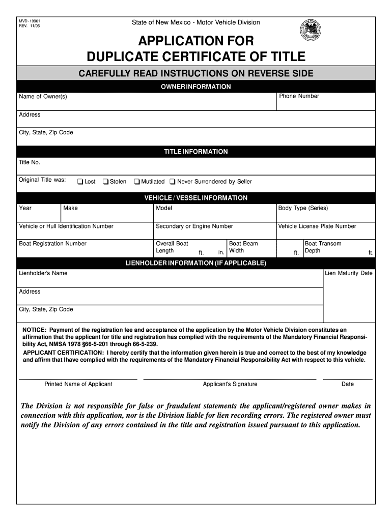  New Mexico Title Blank Form 2005