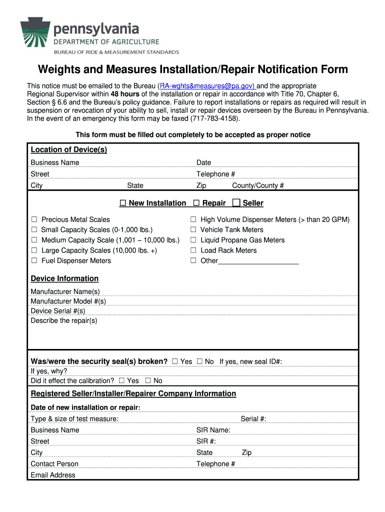 Weights and Measures Installation Repair Notification Form