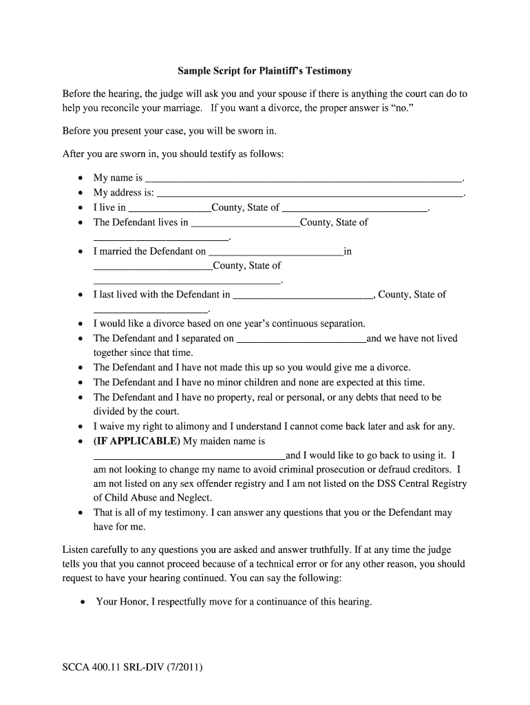 Sample Script of Plaintiffs Testimony Scca 400 11 Srl Div  Form