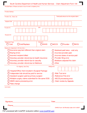 South Carolina Claim Adjustment Form 130