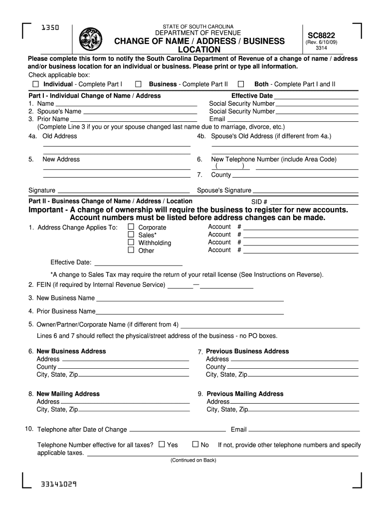  SC8822 the South Carolina Department of Revenue 2019