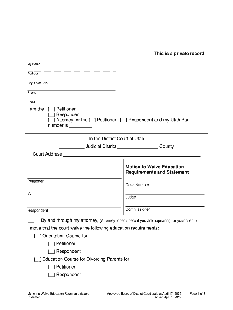 Motion to Waive Divorce Education Requirements Utah State Courts Utcourts  Form