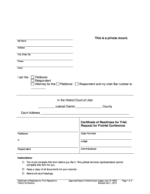 Certificate of Readiness for Trial Utah  Form