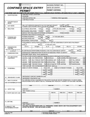 Confined Space Entry Permit Template Australia  Form