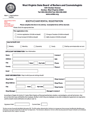 Booth or Chair Rental Registration PDF West Virginia State Board of  Form