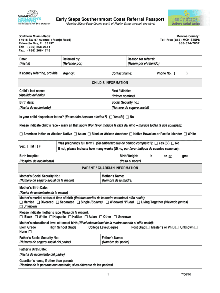  Early Steps Southernmost Coast Referral Passport  Miami 2010-2024