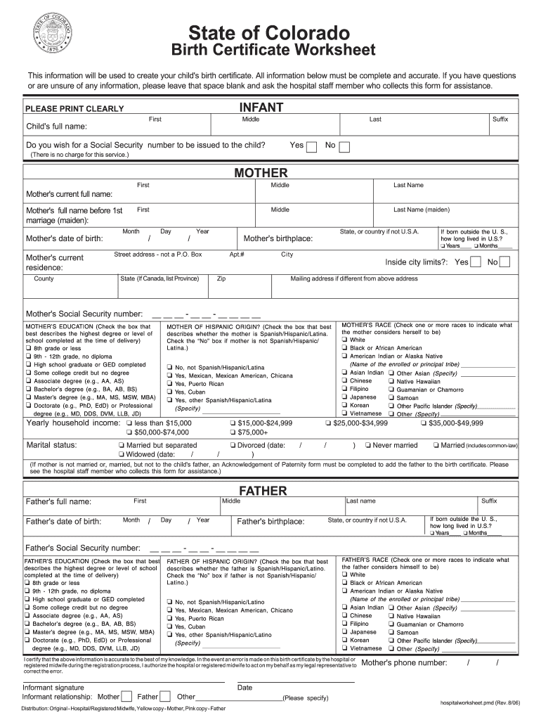State of Colorado Birth Certificate Worksheet  Form