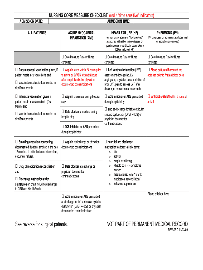 NURSING CORE MEASURE CHECKLIST 11 3 09 DOC  Form