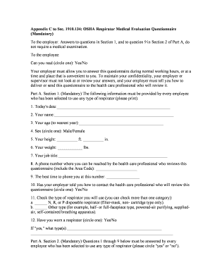 Osha Respirator Medical Evaluation Questionnaire Fillable  Form