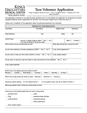 Teen Volunteer Application King&amp;#39;s Daughters&amp;#39; Medical Center  Form