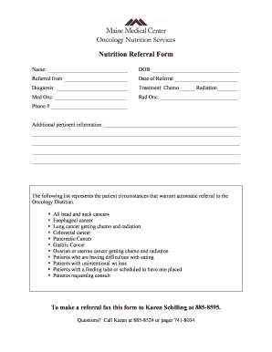 Oncology Nutrition Services Nutrition Referral Form Mmc