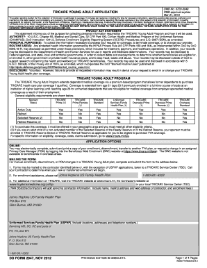 DD Form 2947, TRICARE Young Adult Application, November Hopkinsmedicine