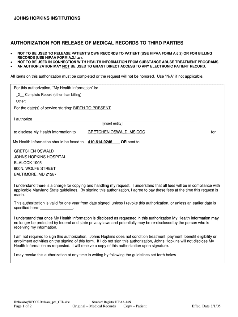  MEDICAL RELEASE FORM  Johns Hopkins Medicine  Hopkinsmedicine 2005-2024